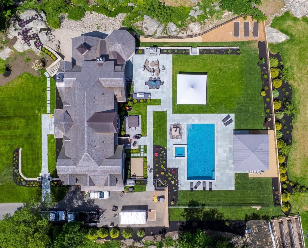 Overhead picture of completed landscape design and landscape construction in Cohasset, Massachusetts