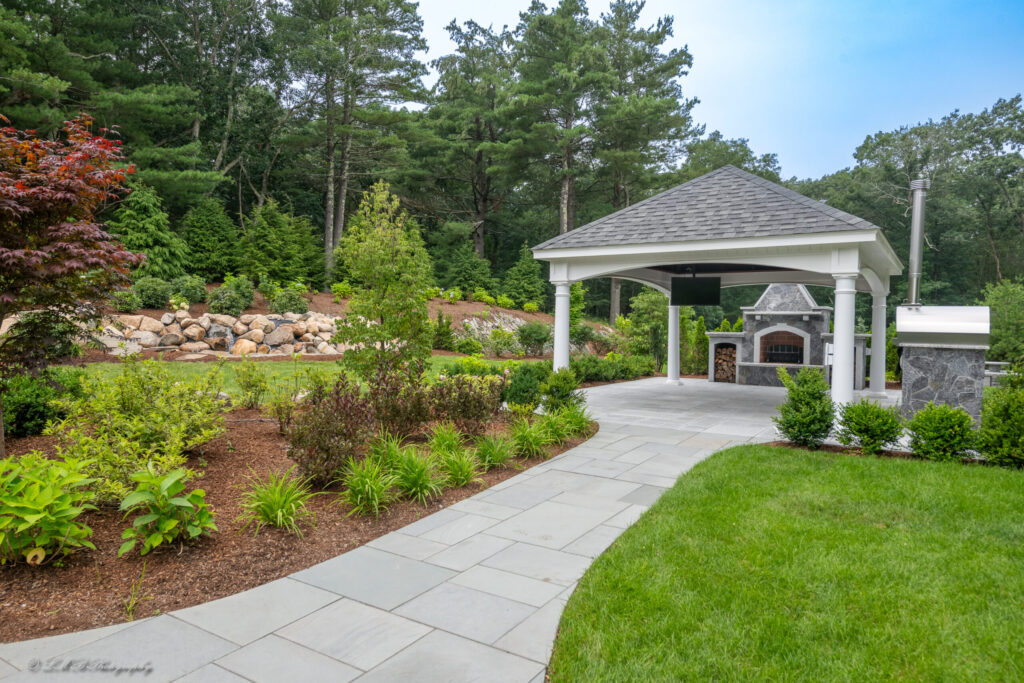Landscape Design and Landscape Construction of patio and outdoor kitchen in Needham, Massachusetts
