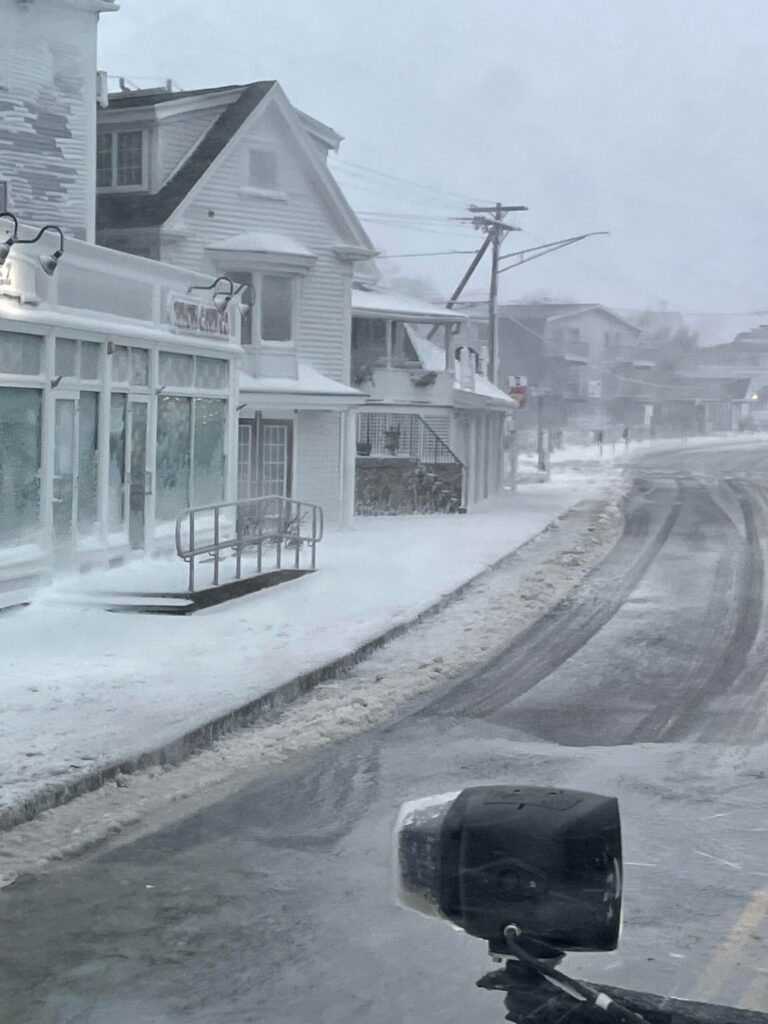 View of Plymouth Harbor from Ground Effects Truck during snow storm